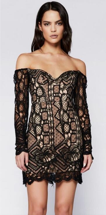 Bardot Dresses & Skirts - BARDOT Women's Zendaya Mini Lace Dress Large Black Nude Off Shoulder NWT